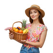 © Nour Studio - Young woman holding a picnic basket filled with fruits, summer outfit, smiling, transparent background, PNG.