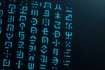 Poster - Abstract Digital Symbols with Glowing Blue Lines on Dark Background in Futuristic Design