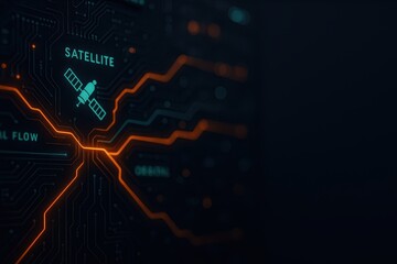 Poster - Abstract Satellite Technology Design with Circuit Pattern and Flow Lines on Dark Background