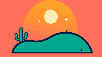 Poster - Stylized Desert Sunset with Single Cactus and Rolling Hill