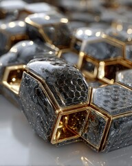 Poster - Close-up of Black and Gold Hexagonal Tiles with Reflective Surface