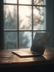 Poster - A laptop is open on a wooden desk in front of a window