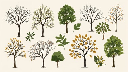 Set of tree and leaf collection hand drawn flat design vector element. botanical set of bare trees and ones with leaves and lush green