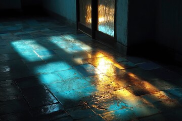 Poster - Cold Blue And Gold Light Creeping Through Tile Seams