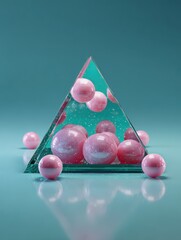 Poster - Teal glass pyramid with pink spheres and triangles on a teal background.