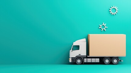 Poster - White Delivery Truck with Cardboard Box and Gears on Turquoise Background Representing Transportation and Logistics Concept