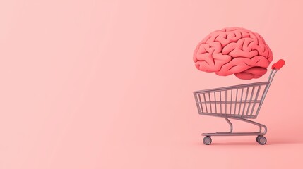 Poster - Creative representation of a brain in a shopping cart symbolizing shopping, ideas, and intellectual purchases on a pink background