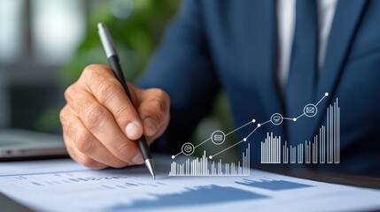 Poster - Businessman Analyzing Financial Growth With Charts and Graphs in Modern Office Setting