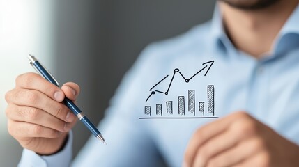 Poster - Businessman Analyzing Growth Graph with Pen in Hand Focused on Finance and Investment in Modern Workspace Environment