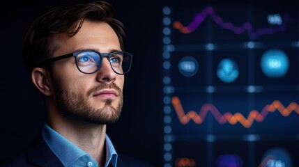 Poster - Professional Man Analyzing Financial Data in Modern Office with Graphs and Charts in Background