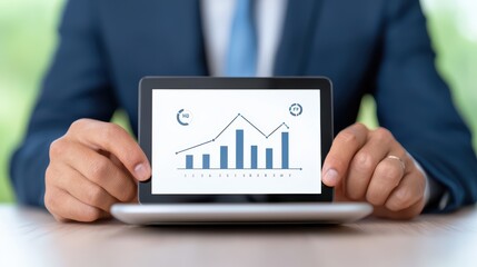 Poster - Businessman Holding Tablet Displaying Financial Growth Chart with Graphs and Data in Modern Office Environment