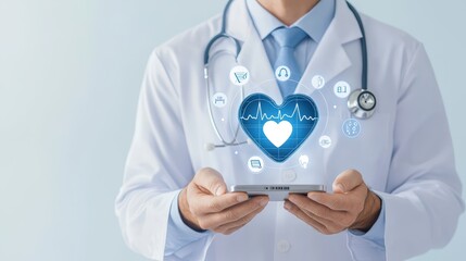 Poster - Doctor in White Coat Holding Smartphone with Health Icons Displayed on Screen for Medical Technology Concept