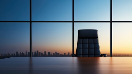 Poster - Solitary Executive Chair in Modern Boardroom with Cityscape View at Dusk