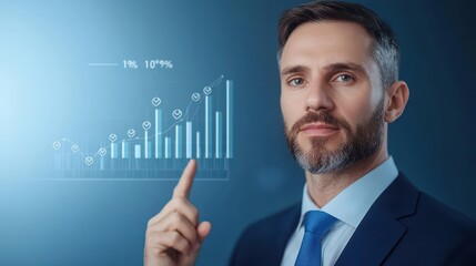 Poster - Professional man presenting financial growth graph with modern data visualization in business environment