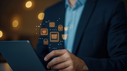 Poster - Man in Suit Using Tablet with E-commerce Icons and Shopping Cart Illustrations in Blurred Background