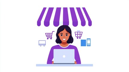 Poster - Businesswoman Using Laptop in Online Store Setting with Shopping Carts and Mobile Devices in a Modern Illustration