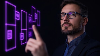 Poster - Businessman Interacting with Futuristic Digital Interface in Dark Environment for Creative Technology Concepts