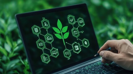 Poster - Green Technology Solutions for Sustainable Development with Laptop and Nature Background