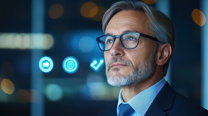Poster - Professional businessman with glasses contemplating success in modern office during evening hours with digital icons in background