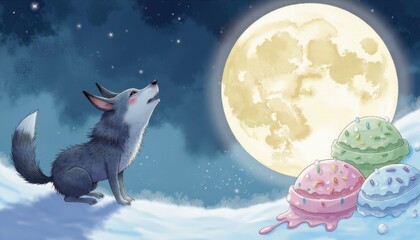  Illustrated wolf howling at full moon with colorful ice cream scoops at night