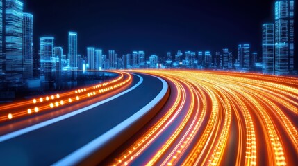 Poster - Futuristic City Skyline with Glowing Lights and Curving Road at Night