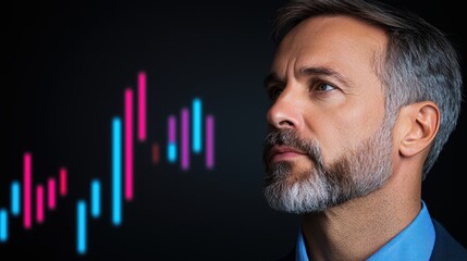 Poster - Confident Businessman Analyzing Financial Charts and Data Trends with a Dark Background