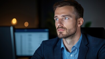 Poster - Focused businessman in a dark office setting contemplating future plans with digital screens in the background
