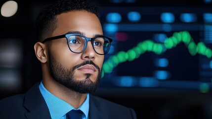 Poster - Businessman with Glasses Analyzing Financial Data in Modern Office Environment with Stock Market Charts