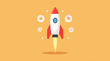 Poster - Rocket Launch Symbolizing Innovation and Technology with Colorful Background and Communication Icons