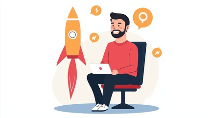 Poster - Young man sitting on chair using laptop with rocket icon symbolizing startup concept and innovation ideas in a modern setting