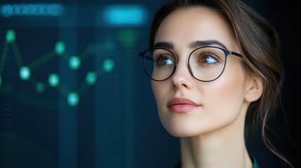 Aufkleber - Thoughtful businesswoman with glasses reflecting data analysis on a dark background with graphs and charts in a professional setting