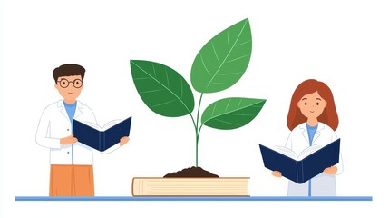 Poster - Scientists Engaged in Research with Green Plant Symbolizing Growth and Knowledge in Modern Laboratory Setting