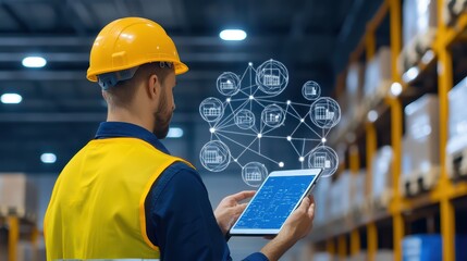 Poster - Man in Safety Gear Using Tablet in Warehouse with Supply Chain Digital Interface