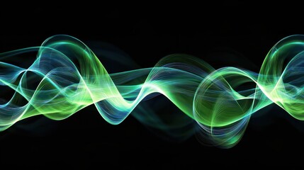 Fototapete - Abstract Green and Blue Waves on Black Background: Digital Art