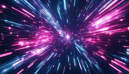 Poster - Neon Glowing Rays In Motion: Hyper Speed Space Travel With Futuristic Data Flow And Explosion Effect In Sci-Fi Motion Wallpaper
