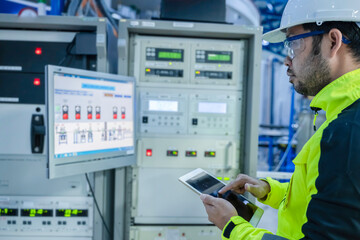engineer working at control room,manager control system,technician man monitoring program from a lot