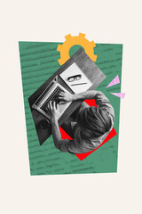 Aufkleber - Template sketch trend 3D photo collage of young man sit table type laptop gear staff marketing business meeting corporate human resources