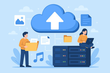 Poster - Cloud computing data storage concept with server, upload symbol, digital file management, sharing documents, folders, multimedia, teamwork, online backup, secure database system illustration