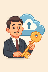 Poster - Businessman Holding Golden Key Representing Cloud Data Security, Digital Privacy Access, Cyber Protection, Secure Online Storage, Encryption Concept, Modern Technology Vector Illustration