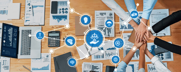 Poster - A professional team collaborates during a business ethics meeting, utilizing digital tools and visual data to enhance decision-making and promote transparency in the workplace. Amity