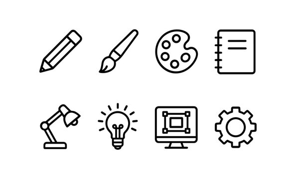 Set of creative tools icons: pencil, brush, palette, notebook, lamp, lightbulb, computer, gear