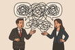 © Jamine - Business communication problems concept. Cartoon businesspeople with tangled lines, messy speech bubbles, misunderstanding, conflict, miscommunication, confusion, workplace issue vector illustration