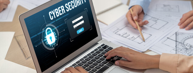 Poster - cyber security system on computer screen protect private information brisk from hacker and cyber att