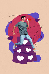 Aufkleber - Trend poster collage of young person blogger speak megaphone hands likes on pastel background