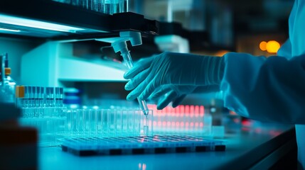 Poster - Researcher conducting experiments in laboratory closeup of hands handling pipette scientific environment focused view on precision techniques