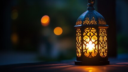 Poster - Illuminating serenity a closeup of an intricate lantern casting a soft glow in an outdoor setting at dusk