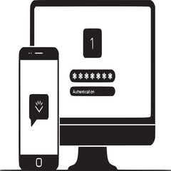 Poster - Authentication process shown on computer screen and mobile phone with green elements and black lines