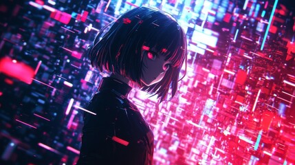 Poster - Cybernetic neon experience virtual realm digital background futuristic environment side view cyberspace theme for enhanced visual appeal