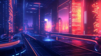 Fototapete - Exploring the interconnected grids of a cyber landscape a futuristic digital world virtual environment abstract perspective