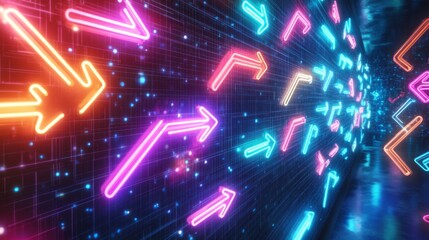 Poster - Dynamic neon arrows pointing in different directions urban setting digital art nighttime environment perspective view dazzling visuals for seo impact